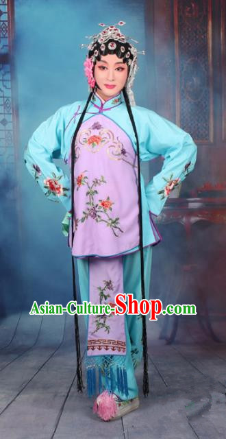 Top Grade Professional Beijing Opera Young Lady Costume Servant Girl Light Blue Embroidered Clothing, Traditional Ancient Chinese Peking Opera Maidservants Embroidery Clothing
