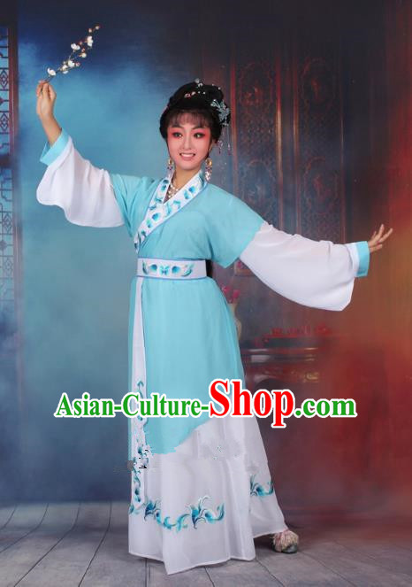 Top Grade Professional Beijing Opera Young Lady Costume Servant Girl Blue Embroidered Dress, Traditional Ancient Chinese Peking Opera Maidservants Embroidery Clothing