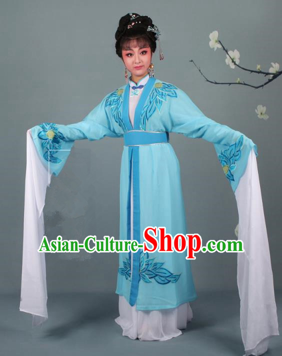 Top Grade Professional Beijing Opera Palace Lady Costume Hua Tan Blue Water Sleeve Embroidered Clothing, Traditional Ancient Chinese Peking Opera Diva Embroidery Lotus Clothing
