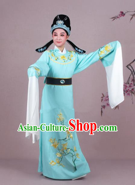 Traditional China Beijing Opera Niche Costume Blue Embroidered Robe and Headwear, Ancient Chinese Peking Opera Embroidery Mangnolia Lang Scholar Clothing