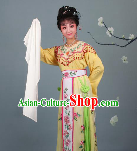 Top Grade Professional Beijing Opera Palace Lady Costume Hua Tan Yellow Embroidered Dress, Traditional Ancient Chinese Peking Opera Diva Embroidery Peony Clothing