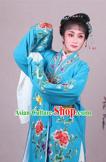 Top Grade Professional Beijing Opera Female Role Costume Imperial Concubine Blue Embroidered Cape, Traditional Ancient Chinese Peking Opera Diva Embroidery Peony Clothing