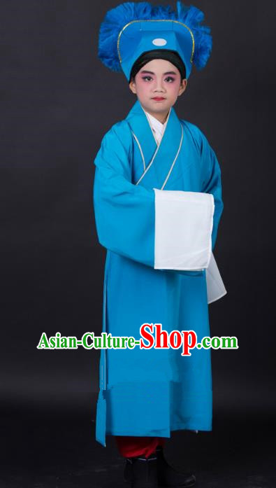 Traditional China Beijing Opera Niche Costume Scholar Blue Robe and Headwear, Ancient Chinese Peking Opera Young Men Clothing for Kids