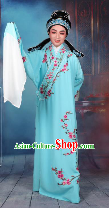 Top Grade Professional Beijing Opera Niche Costume Gifted Scholar Blue Embroidered Robe, Traditional Ancient Chinese Peking Opera Embroidery Wintersweet Clothing