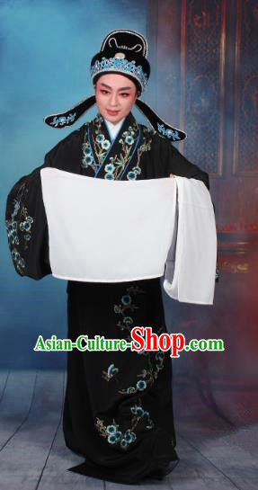 Top Grade Professional Beijing Opera Niche Costume Gifted Scholar Black Embroidered Robe, Traditional Ancient Chinese Peking Opera Embroidery Wintersweet Clothing