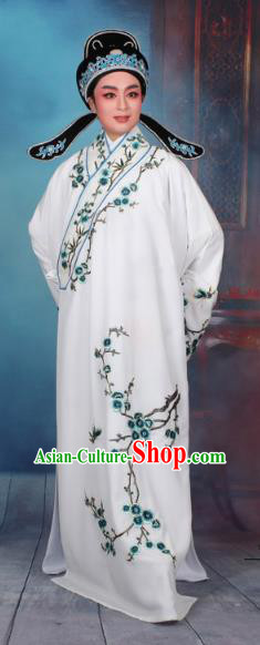 Top Grade Professional Beijing Opera Niche Costume Gifted Scholar White Embroidered Robe, Traditional Ancient Chinese Peking Opera Embroidery Wintersweet Clothing