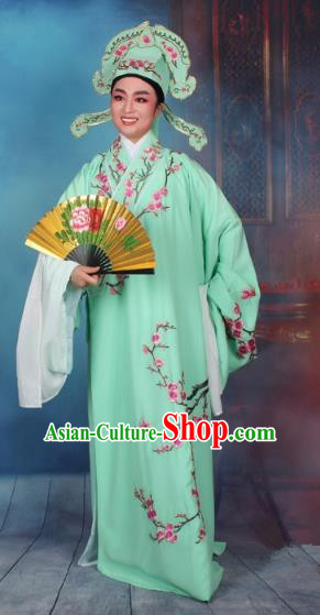 Top Grade Professional Beijing Opera Niche Costume Gifted Scholar Green Embroidered Robe, Traditional Ancient Chinese Peking Opera Embroidery Wintersweet Clothing