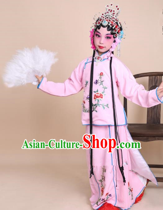 Top Grade Professional Beijing Opera Mui Tsai Costume Pink Embroidered Clothing, Traditional Ancient Chinese Peking Opera Maidservants Embroidery Clothing for Kids