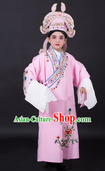 Top Grade Professional Beijing Opera Niche Costume Gifted Scholar Pink Embroidered Robe and Headwear, Traditional Ancient Chinese Peking Opera Embroidery Clothing for Kids