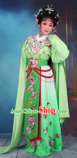 Top Grade Professional Beijing Opera Diva Costume Hua Tan Green Embroidered Dress, Traditional Ancient Chinese Peking Opera Princess Embroidery Peony Clothing