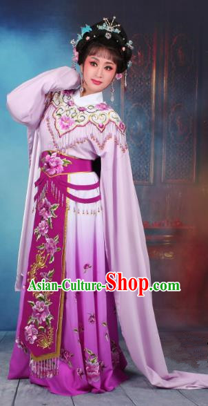 Top Grade Professional Beijing Opera Diva Costume Hua Tan Purple Embroidered Dress, Traditional Ancient Chinese Peking Opera Princess Embroidery Peony Clothing
