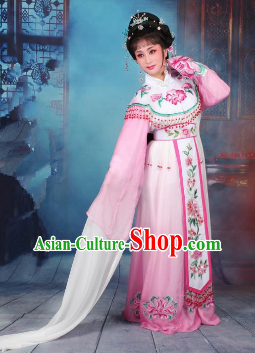 Top Grade Professional Beijing Opera Diva Costume Palace Lady Pink Embroidered Dress, Traditional Ancient Chinese Peking Opera Princess Embroidery Peony Clothing