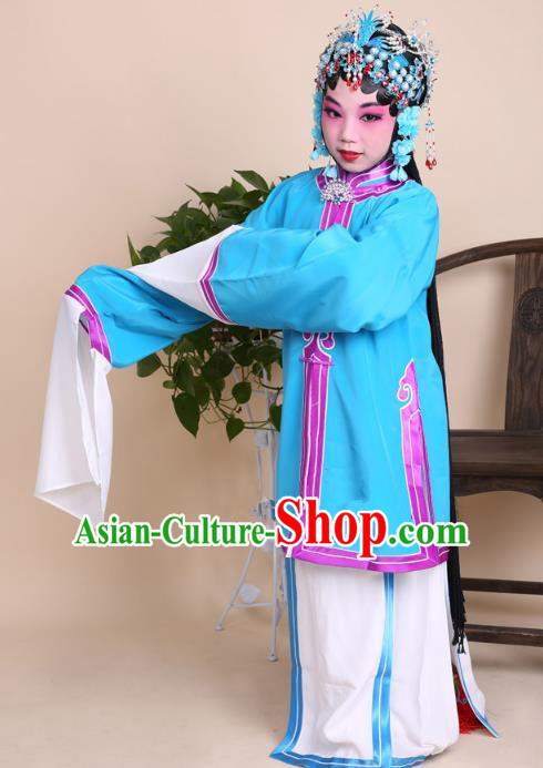 Top Grade Professional China Beijing Opera Costume Blue Dress, Ancient Chinese Peking Opera Diva Hua Tan Embroidery Clothing for Kids