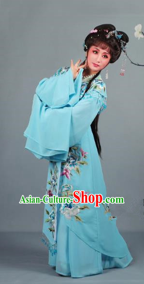 Top Grade Professional Beijing Opera Diva Ancient Costume Blue Embroidered Clothing, Traditional Chinese Peking Opera Hua Tan Princess Embroidery Dress