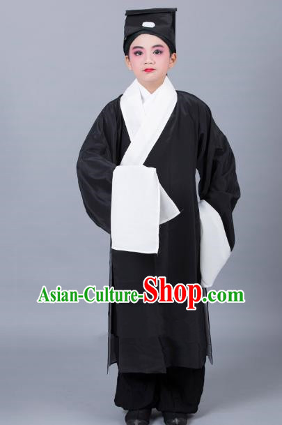 Top Grade Professional Beijing Opera Niche Costume Scholar Black Robe and Headwear, Traditional Ancient Chinese Peking Opera Embroidery Clothing for Kids
