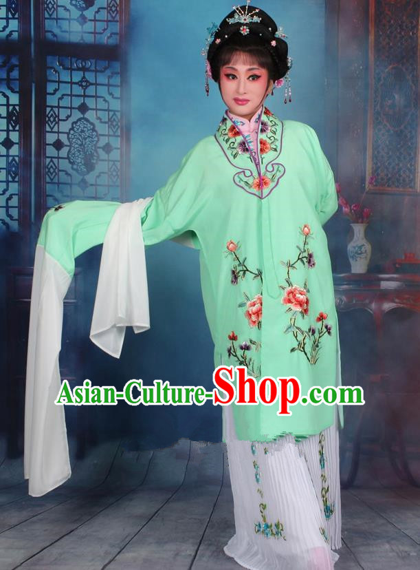 Top Grade Professional Beijing Opera Palace Lady Costume Hua Tan Green Embroidered Cape Dress, Traditional Ancient Chinese Peking Opera Diva Embroidery Clothing