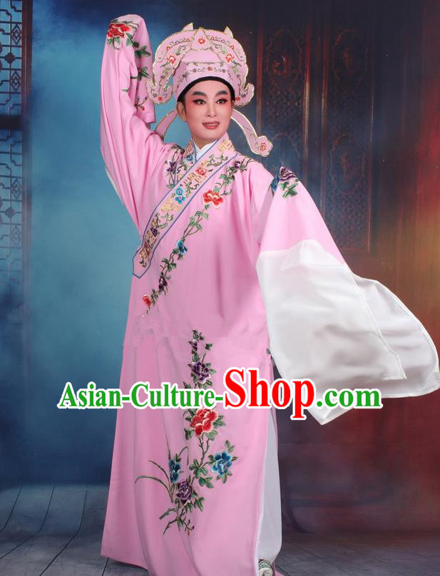 Top Grade Professional Beijing Opera Niche Costume Gifted Scholar Pink Embroidered Robe, Traditional Ancient Chinese Peking Opera Embroidery Clothing
