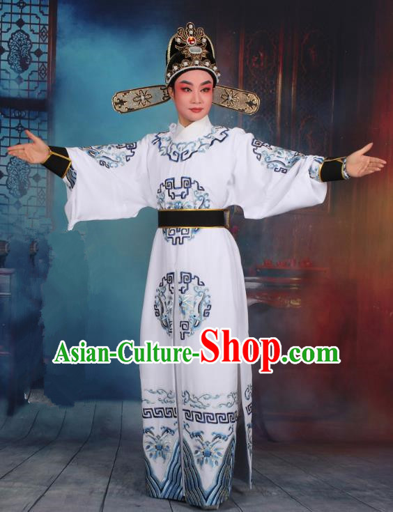 Top Grade Professional Beijing Opera Niche Costume General White Embroidered Robe and Headwear, Traditional Ancient Chinese Peking Opera Takefu Clothing