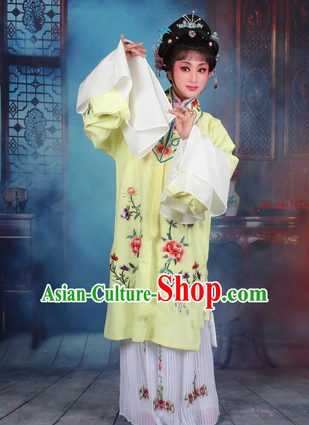 Top Grade Professional Beijing Opera Palace Lady Costume Hua Tan Yellow Embroidered Cape Dress, Traditional Ancient Chinese Peking Opera Diva Embroidery Clothing