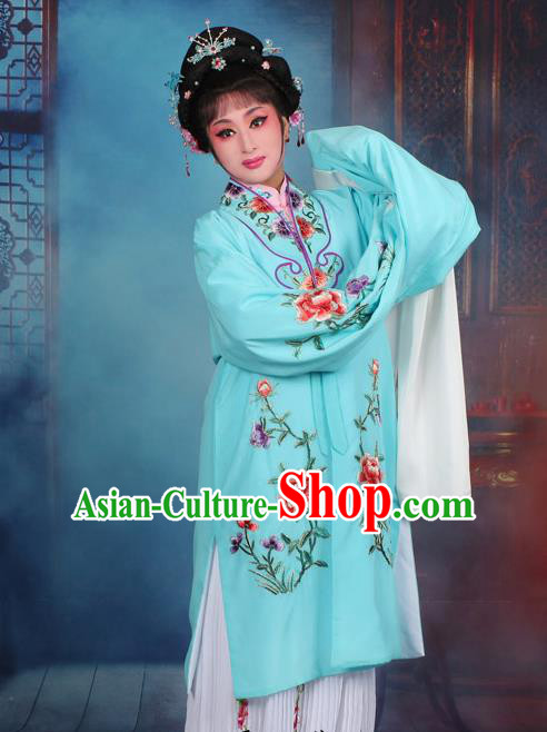 Top Grade Professional Beijing Opera Palace Lady Costume Hua Tan Light Blue Embroidered Cape Dress, Traditional Ancient Chinese Peking Opera Diva Embroidery Clothing