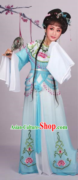 Top Grade Professional Beijing Opera Diva Costume Blue Embroidered Dress, Traditional Ancient Chinese Peking Opera Hua Tan Princess Embroidery Clothing