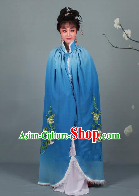 Top Grade Professional Beijing Opera Diva Costume Blue Embroidered Cloak, Traditional Ancient Chinese Peking Opera Hua Tan Princess Embroidery Mantle