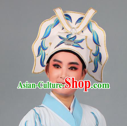 Top Grade Beijing Opera Niche Gifted Scholar Embroidered Blue Hat, Traditional Ancient Chinese Peking Opera Young Men Headwear