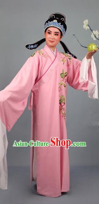 Top Grade Professional Beijing Opera Niche Costume Gifted Scholar Pink Embroidered Robe and Headwear, Traditional Ancient Chinese Peking Opera Embroidery Peach Blossom Clothing