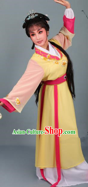 Top Grade Professional Beijing Opera Young Lady Diva Costume Handmaiden Yellow Embroidered Dress, Traditional Ancient Chinese Peking Opera Maidservants Embroidery Clothing