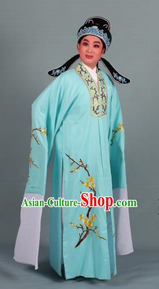 Top Grade Professional Beijing Opera Niche Costume Scholar Green Embroidered Robe and Shoes, Traditional Ancient Chinese Peking Opera Young Men Embroidery Plum Blossom Cape Clothing