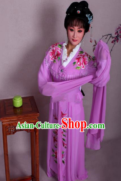 Top Grade Professional Beijing Opera Hua Tan Costume Palace Lady Purple Embroidered Peony Dress, Traditional Ancient Chinese Peking Opera Diva Princess Embroidery Clothing