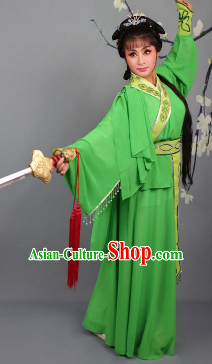 Top Grade Professional Beijing Opera Young Lady Costume Swordswoman Green Embroidered Dress, Traditional Ancient Chinese Peking Opera Maidservants Embroidery Clothing
