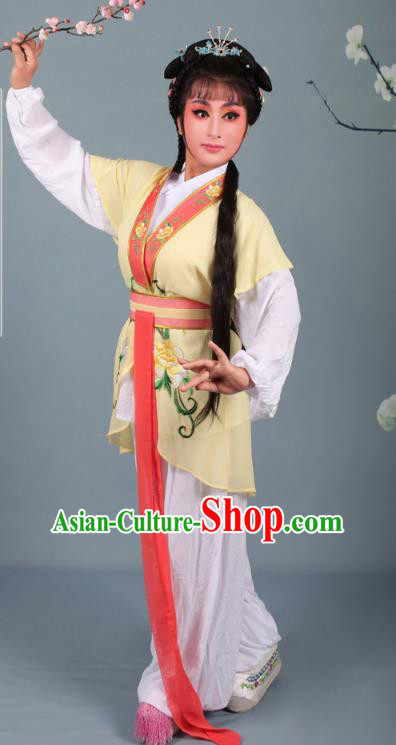Top Grade Professional Beijing Opera Young Lady Costume Handmaiden Yellow Embroidered Suit, Traditional Ancient Chinese Peking Opera Maidservants Embroidery Clothing