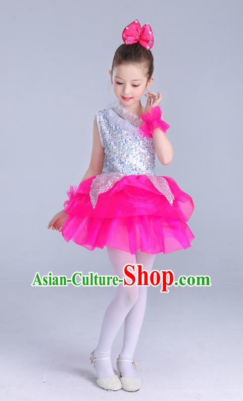 Top Grade Chinese Professional Performance Catwalks Costume, Children Princess Bubble Rosy Full Dress Modern Dance Paillette Dress for Girls Kids