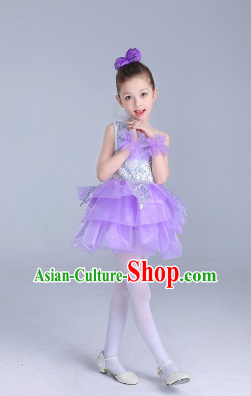 Top Grade Chinese Professional Performance Catwalks Costume, Children Princess Bubble Lilac Full Dress Modern Dance Paillette Dress for Girls Kids