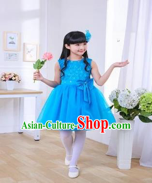 Top Grade Chinese Professional Performance Chorus Catwalks Costume, Children Blue Veil Bubble Full Dress Modern Dance Dress for Girls Kids