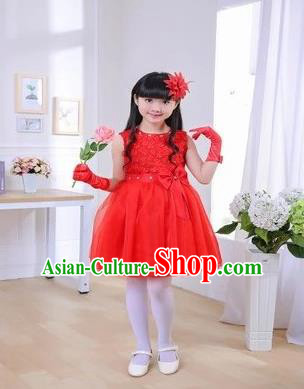 Top Grade Chinese Professional Performance Chorus Catwalks Costume, Children Red Veil Bubble Full Dress Modern Dance Dress for Girls Kids