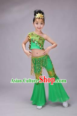 Traditional Chinese Dai Nationality Peacock Dance Costume, Children Folk Dance Ethnic Costume, Chinese Minority Nationality Dance Green Dress for Kids
