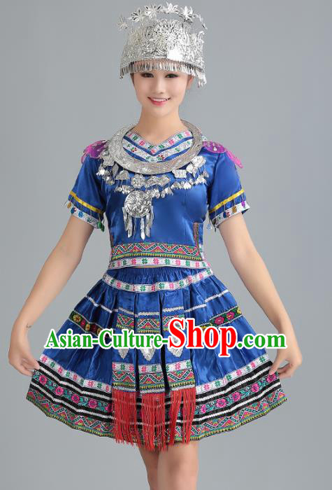 Traditional Chinese Miao Nationality Dance Costume, Hmong Female Folk Dance Ethnic Blue Pleated Skirt, Chinese Minority Nationality Embroidery Clothing for Women