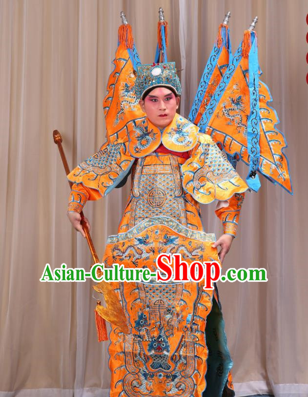 Traditional China Beijing Opera Takefu General Yellow Costume and Headwear Complete Set, Ancient Chinese Peking Opera Wu-Sheng Military Officer Clothing