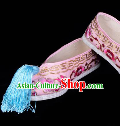 Top Grade Professional Beijing Opera Hua Tan Embroidered Plum Blossom Pink Cloth Shoes, Traditional Ancient Chinese Peking Opera Diva Princess Blood Stained Shoes