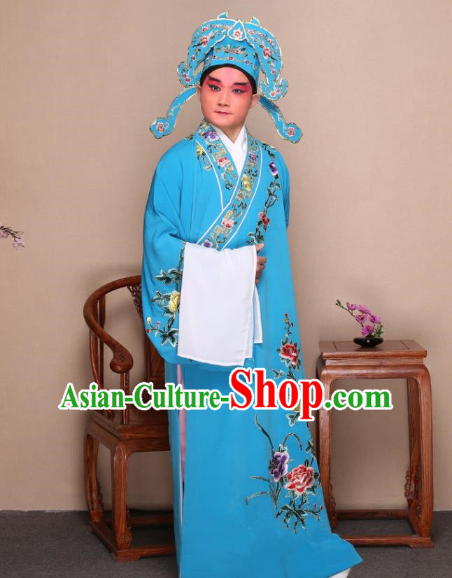 Top Grade Professional Beijing Opera Niche Costume Gifted Scholar Blue Embroidered Robe and Shoes, Traditional Ancient Chinese Peking Opera Embroidery Peony Clothing