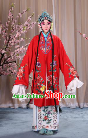 Top Grade Professional Beijing Opera Imperial Consort Costume Hua Tan Red Embroidered Cape, Traditional Ancient Chinese Peking Opera Diva Embroidery Peony Clothing