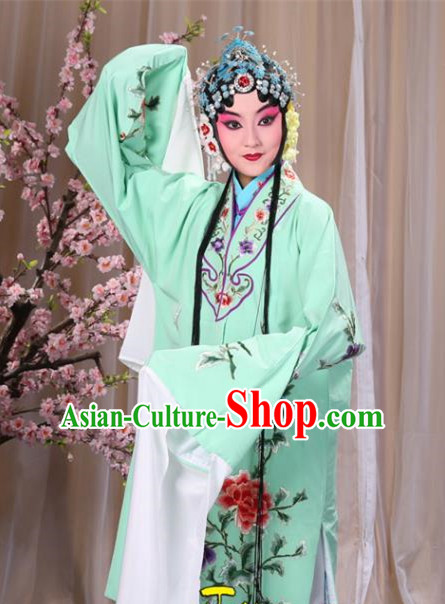 Top Grade Professional Beijing Opera Imperial Consort Costume Hua Tan Green Embroidered Cape, Traditional Ancient Chinese Peking Opera Diva Embroidery Peony Clothing