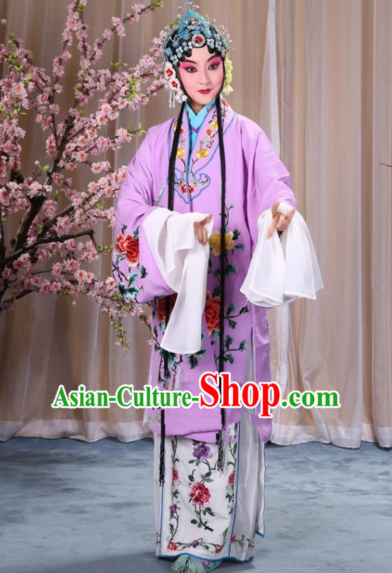 Top Grade Professional Beijing Opera Imperial Consort Costume Hua Tan Purple Embroidered Cape, Traditional Ancient Chinese Peking Opera Diva Embroidery Peony Clothing