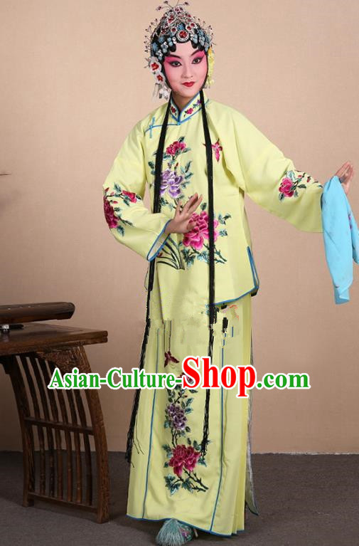 Top Grade Professional Beijing Opera Jordan-Sitting Costume Hua Tan Yellow Embroidered Dress, Traditional Ancient Chinese Peking Opera Maidservants Embroidery Clothing