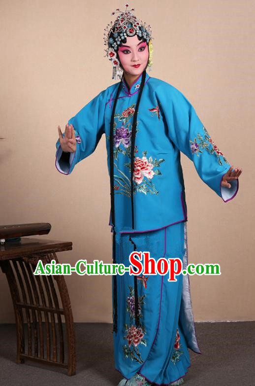 Top Grade Professional Beijing Opera Jordan-Sitting Costume Hua Tan Deep Blue Embroidered Dress, Traditional Ancient Chinese Peking Opera Maidservants Embroidery Clothing