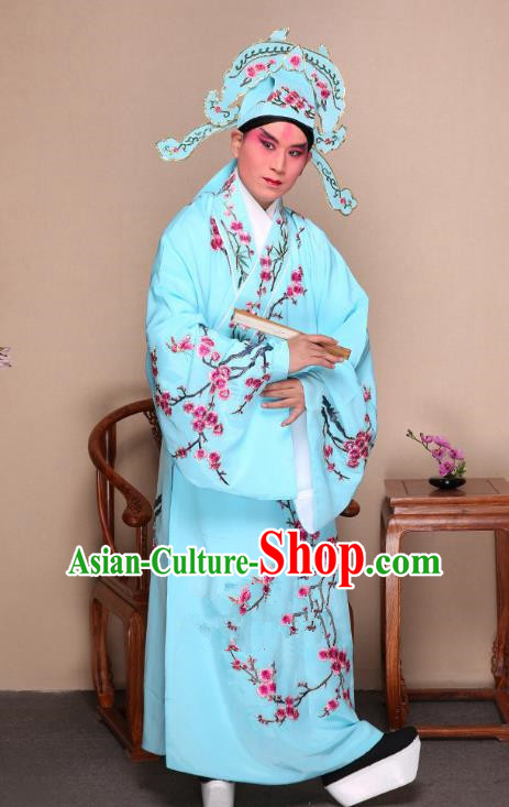 Top Grade Professional Beijing Opera Niche Costume Gifted Scholar Blue Embroidered Wintersweet Robe, Traditional Ancient Chinese Peking Opera Embroidery Clothing
