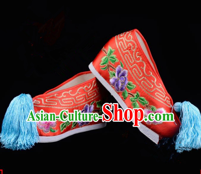 Top Grade Professional Beijing Opera Hua Tan Embroidered Peony Hidden Elevator Red Satin Shoes, Traditional Ancient Chinese Peking Opera Diva Princess Blood Stained Shoes