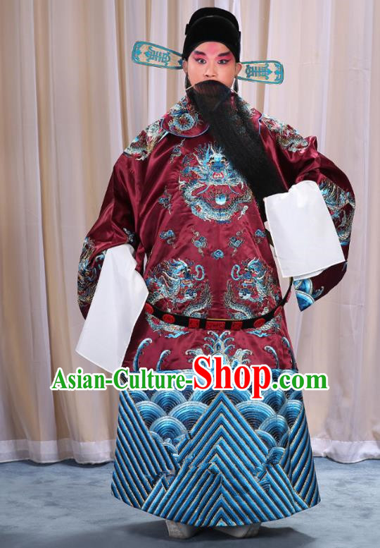 Top Grade Professional Beijing Opera Emperor Costume Amaranth Embroidered Robe and Shoes, Traditional Ancient Chinese Peking Opera Royal Highness Gwanbok Clothing